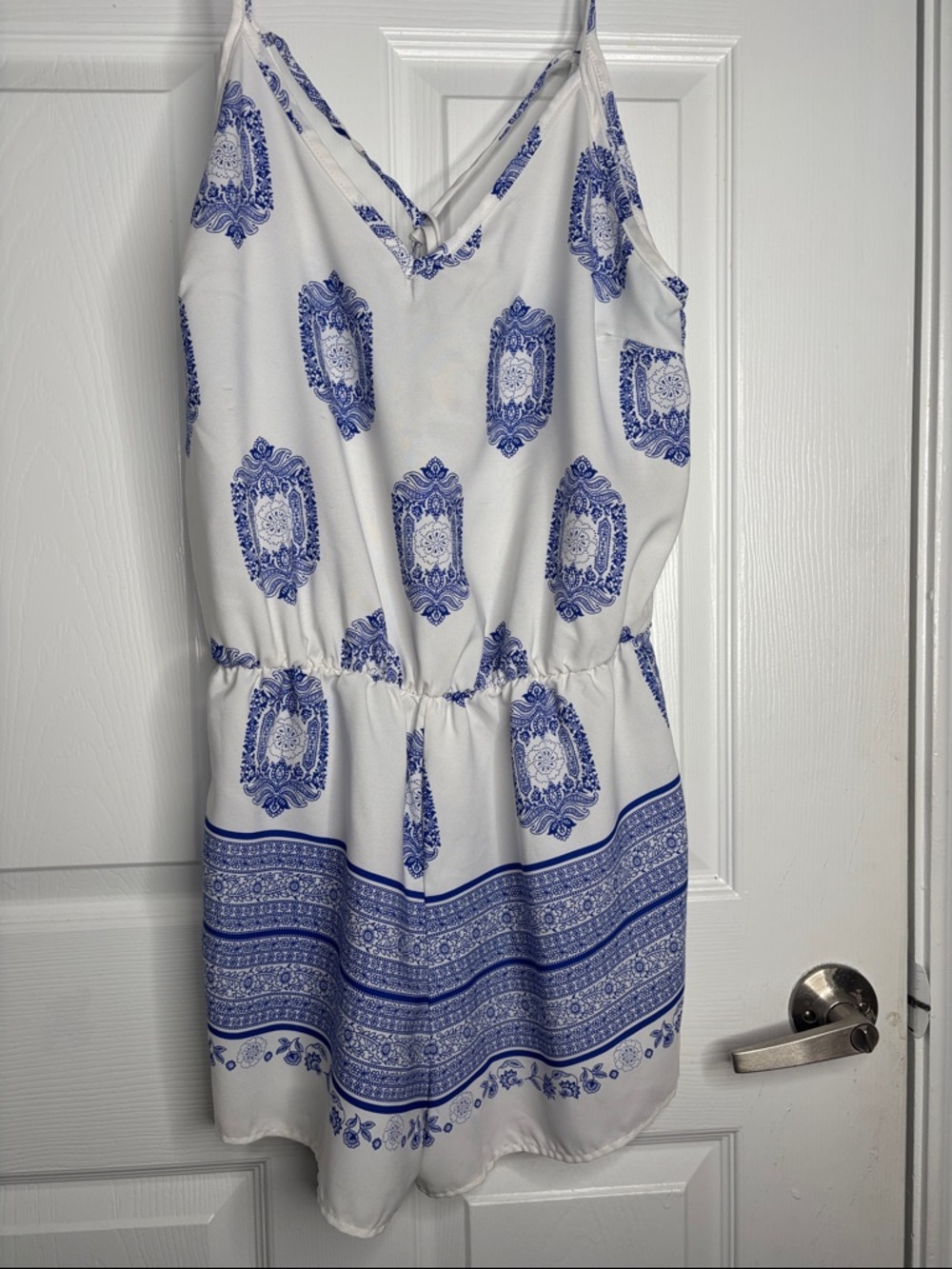 a'gaci White & Blue Printed Spaghetti-Strap Romper